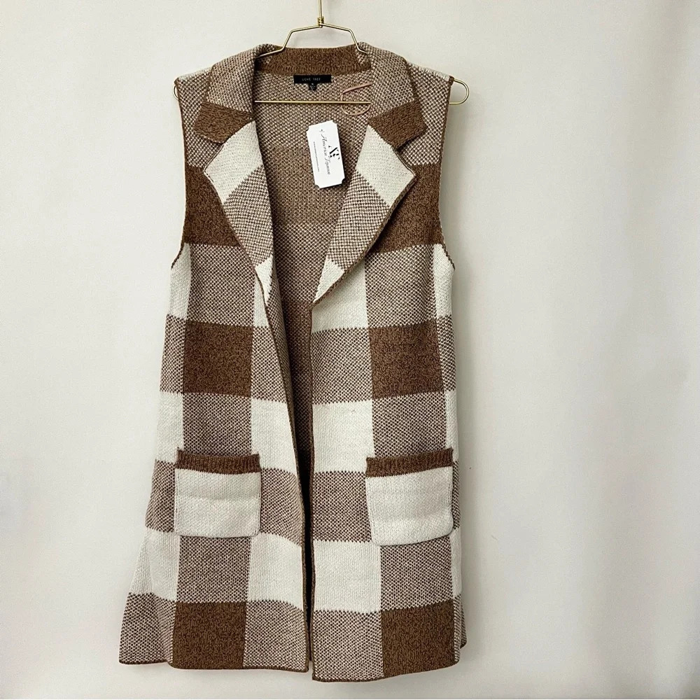 Open Front Sweater Vest Plaid Long Cardigan Heather Brown With Pockets Large